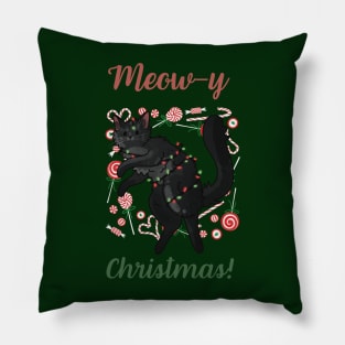 Meow-y Christmas! - Black Fluffy Cat Pillow