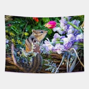 Tiny chipmunk in a basket of flowers Tapestry