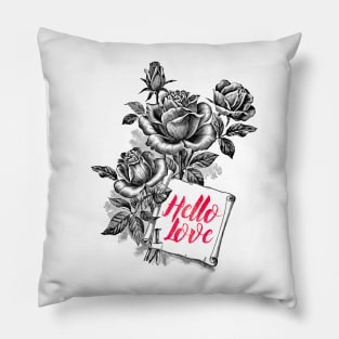 Black Rose Flowers Vintage Botanical Illustration with Text: Hello Love Pillow