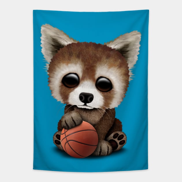 Cute Baby Red Panda Playing With Basketball Tapestry by jeffbartels