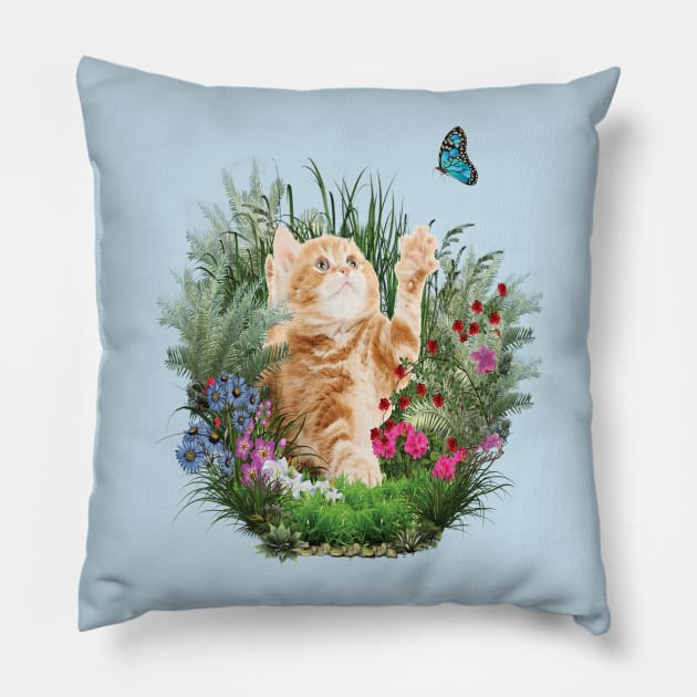 Ginger kitten playing with a blue butterfly Pillow by Just Kidding by Nadine May