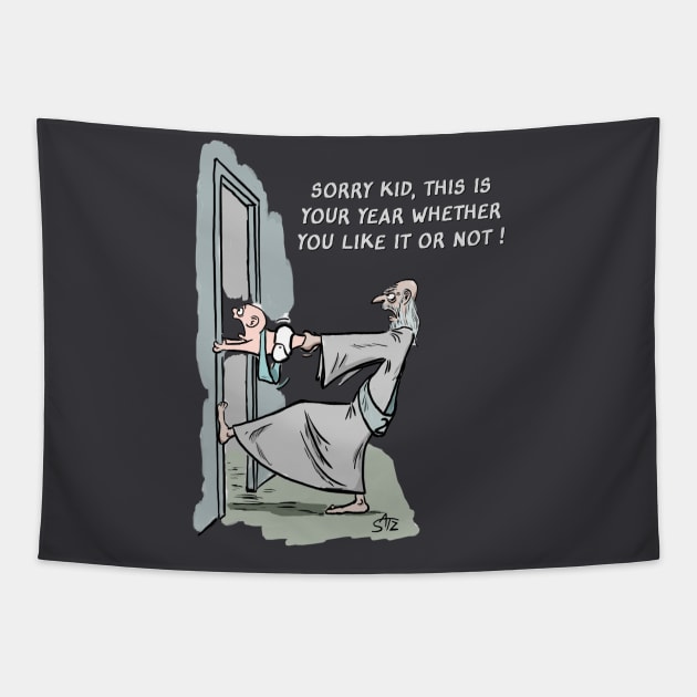 Funny New Years Eve cartoon Tapestry by CrowdenSatzCartoons