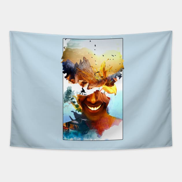 Her Mountain Smile Afro Double Exposure Nature Beautiful Tapestry by Glass Table Designs