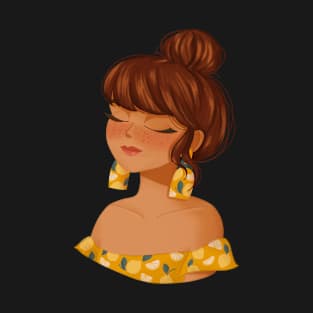 Girl character with a high bun lemon pattern T-Shirt