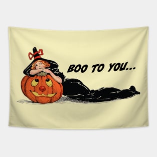 Vintage Witch with Red Hair Lying Down Leaning on Pumpkin Tapestry