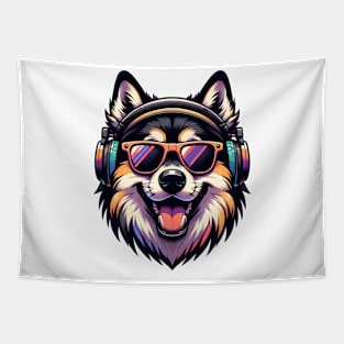 Norwegian Elkhound as Smiling DJ with Headphones and Sunglasses Tapestry