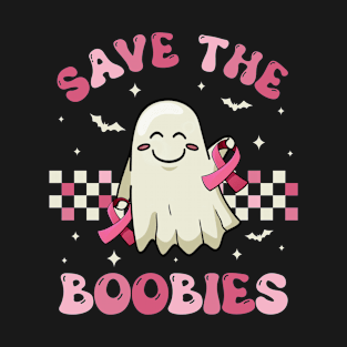 Save The Boobies Ghost Halloween Pink Ribbon Breast Cancer T-Shirt