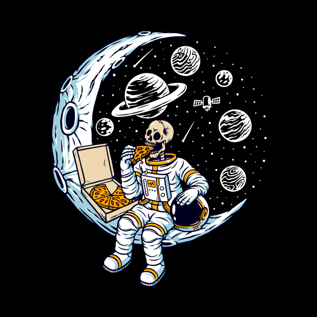 Funny Skeleton Astronaut Eating Pizza on a Dead Moon by SLAG_Creative