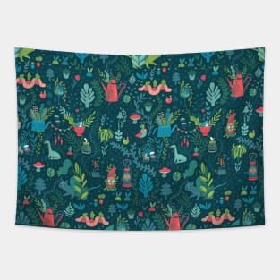 Cute Garden with cat, gnomes, dino Tapestry