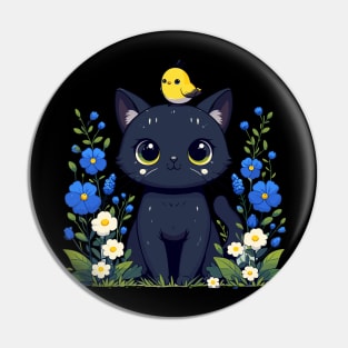 Black Cat With Yellow Bird in Flower Garden Pin