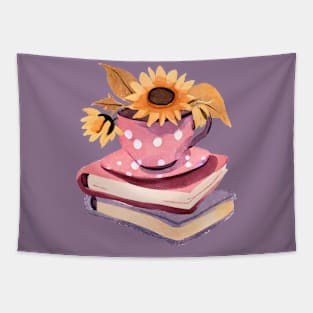 Cute Watercolor Books and Coffee Cup and Sunflowers Tapestry