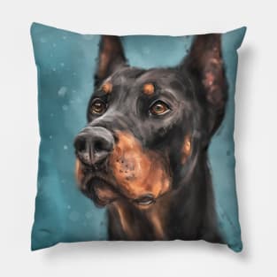 Painting of a Gorgeous Black and Gold Doberman on Dark Blue Background Pillow