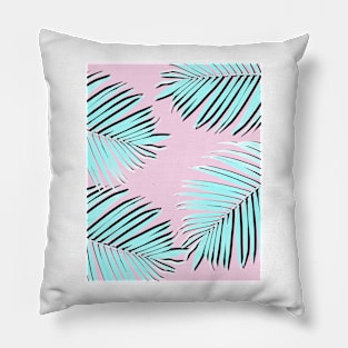 Palm print, Tropical Plant, Palm leaf, Blue, Pink, Minimal, Tropical art, Modern Pillow