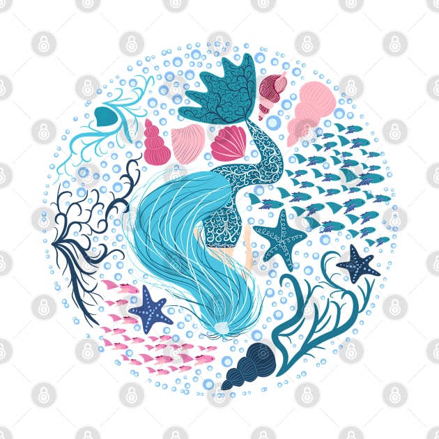 Swimming mermaid with a beautiful tail in patterns. Mermaid, zentangle, silhouette by Michiru13 Design
