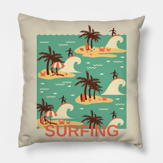 The Surfing Cartoon Illustration 1 Pillow by FlinArt