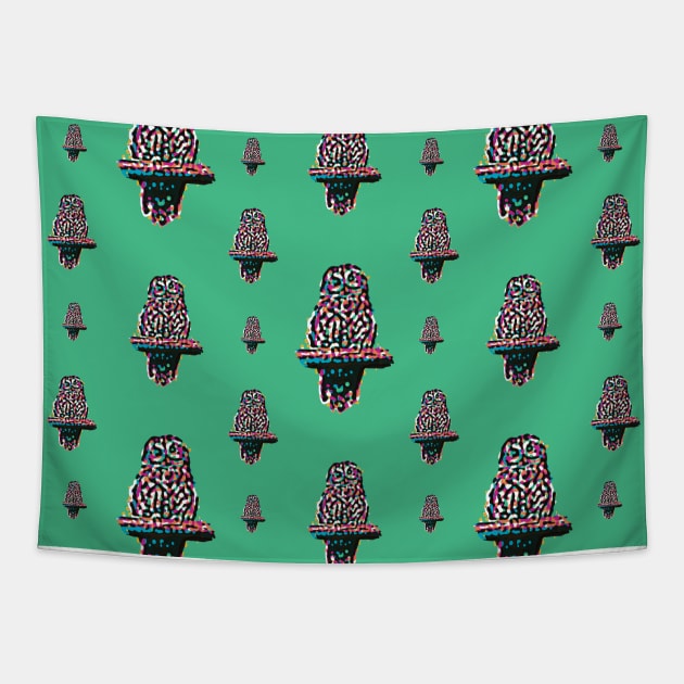 Toot Sweet - Colorful Green Pattern Of An Owl On A Perch Tapestry by sleepingdogprod