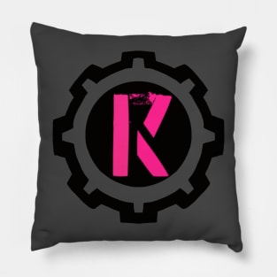 Pink Letter K in a Black Industrial Cog Pillow