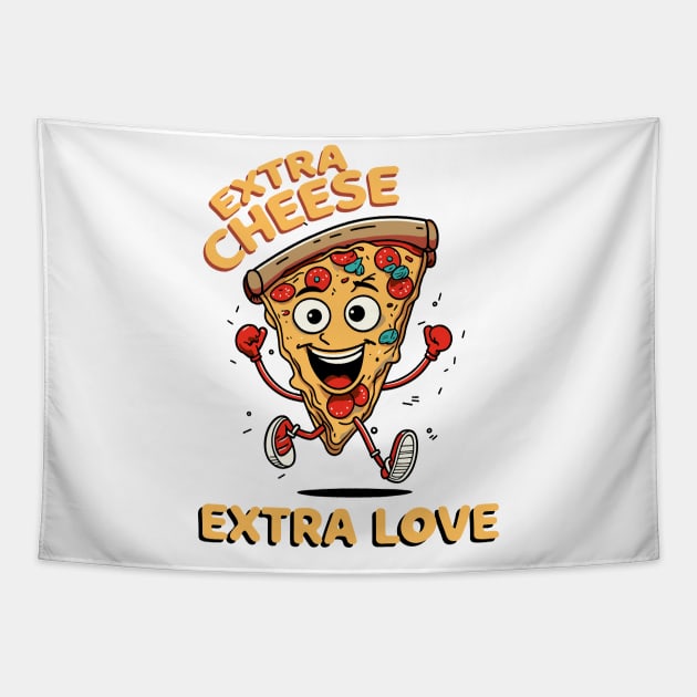 Animated Pizza Slice with Text Extra Cheese... Extra Love Tapestry by Casually Fashion Store