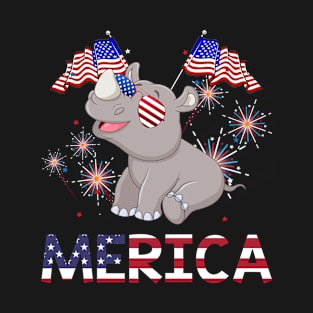 Merica Rhinoceros Usa American Flag Independence T-Shirt