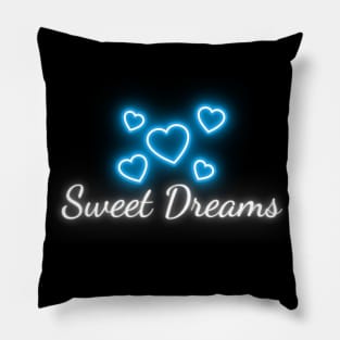 Sweet Dreams with Hearts - White and Blue Neon Pillow