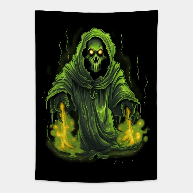 Spooky Green Halloween Reaper Tapestry by Obotan Mmienu