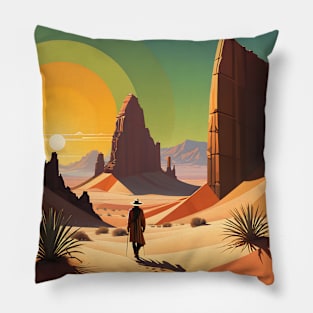 Geometric Wanderer: Surreal Desert Landscape Pillow