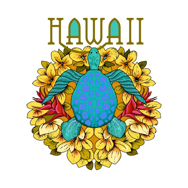 Hawaiian Turtle On Flowers by Renee Ciufo Illustration