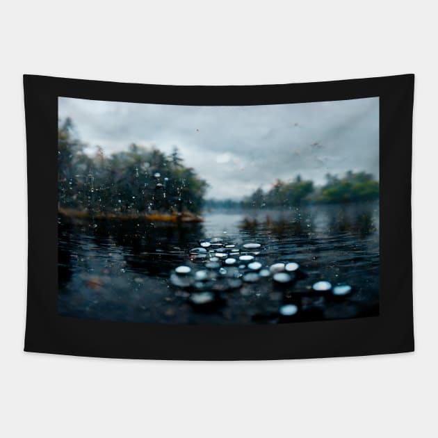 Foggy Lake Falling Raindrops On A Rainy Autumn Day Tapestry by Unwind-Art-Work