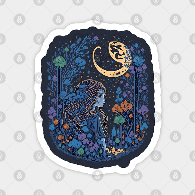 Cute Girl in the Woods at Night Time Magnet by ElMass