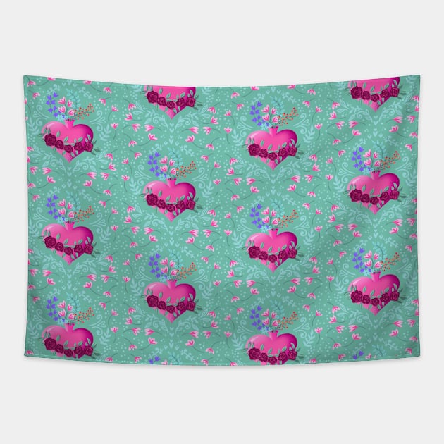 blooming heart on mint pattern Tapestry by Lamalou Design