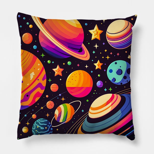 Cosmic Harmony: Brightly Colored Flat Vector Illustration of Planets and Stars in the Solar System Pillow by Gold Turtle Lina