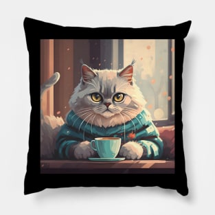 Cute cat in sweater having coffee Pillow