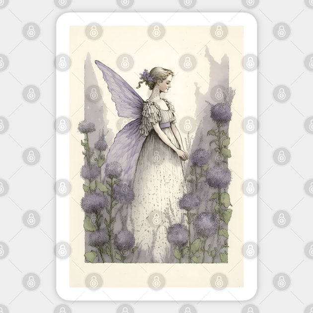 Fairy in a Purple Flower Garden Victorian Vintage Style Watercolor -  Vintage Fairy - Sticker