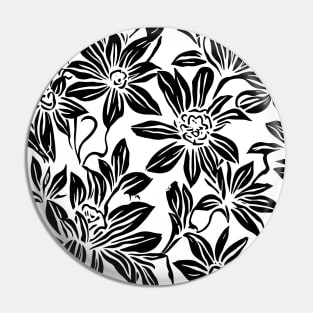 White and Black Floral Lino Print Pin