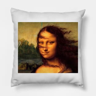 Funny Mona Lisa wind in hair Pillow