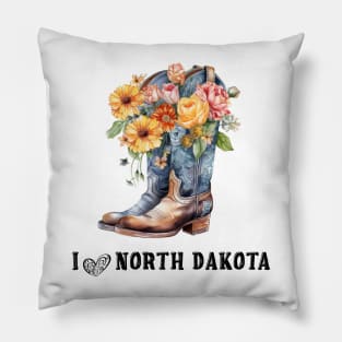 I Love North Dakota Boho Cowboy Boots with Flowers Watercolor Art Pillow
