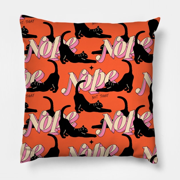 Monday Nope Black Cat Pattern in orange Pillow by The Charcoal Cat Co.