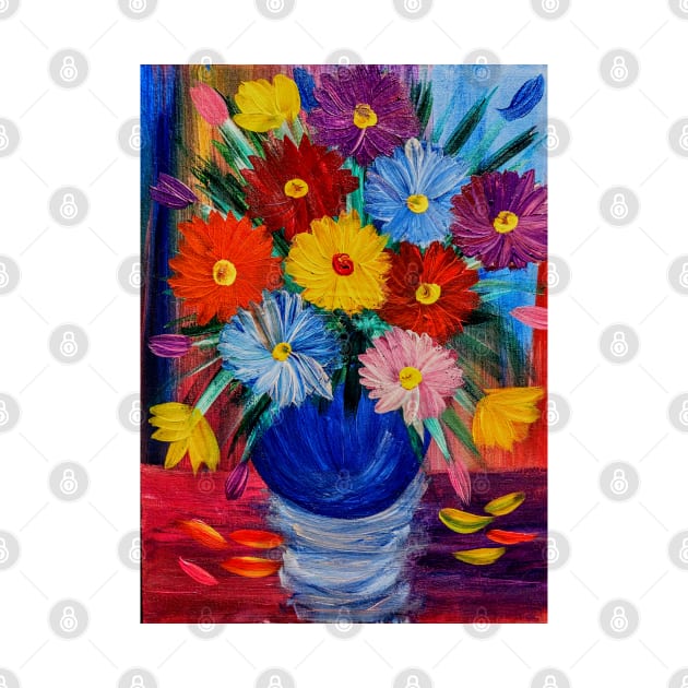 Some fun and colorful abstract flowers in glass vase set against a multi color background. by kkartwork