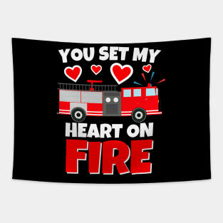 Boys Valentines Day Firetruck You Set My Heart On Fire Tapestry