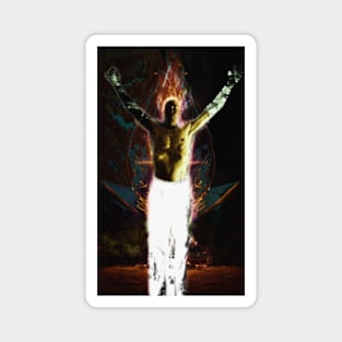 Portrait, digital collage and special processing. Shirtless man, stands. All chakras opened. Mystic. High contrast, dark. Magnet