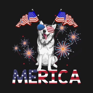 Merica Siberian Husky Usa American Flag Independence T-Shirt