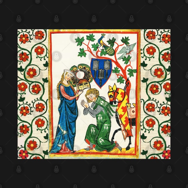 KNIGHT BEING ARMED BY HIS LADY ,MEDIEVAL MINIATURE WITH WILD ROSES by BulganLumini