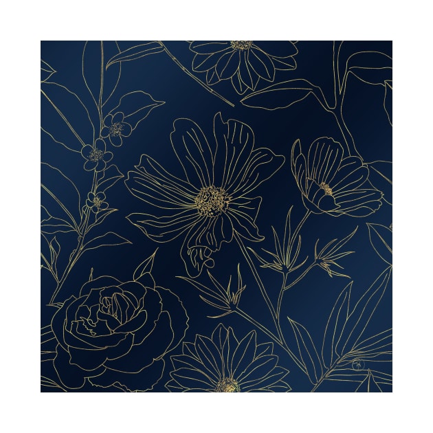 Elegant Blue Gold Flowers Line Art by NdesignTrend