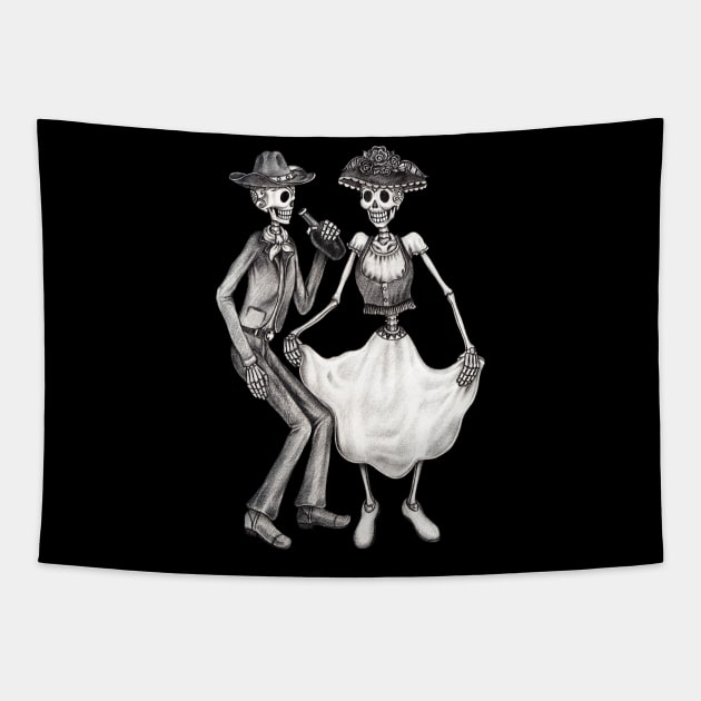 Sugar skull couple lover dancing celebration day of the dead. Tapestry by Jiewsurreal