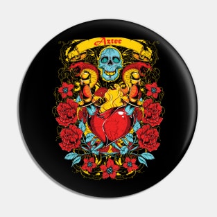 Zombie Aztec Skull and Roses Pin