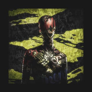 The Dummy // Mannequin covered with graffiti tags. Black and yellow camouflage background T-Shirt