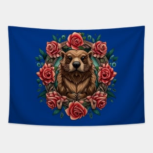 North American Beaver Surrounded By Roses New York State Tattoo Art Tapestry