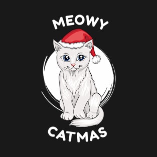 Meowy Catmas Cat Wearing Santa Hat T-Shirt