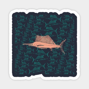 Swordfish Peach Green Dark Blue Default Background Fishing Pattern Magnet