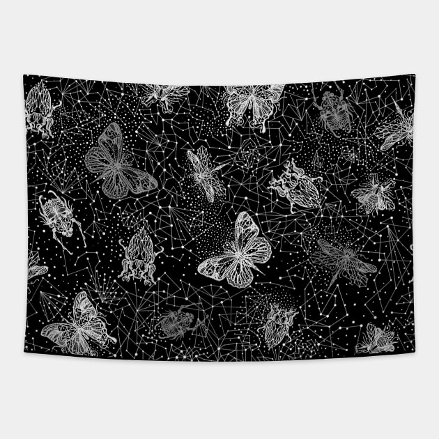 Black and White Galactic Bugs Tapestry by Carolina Díaz